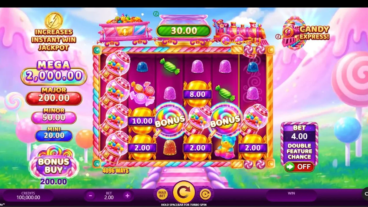 Candy Express Gold Blitz slot machine interface na may makukulay na candy theme.