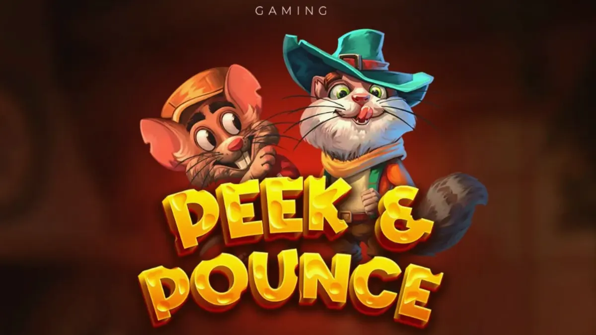 Makulay na disenyo ng Peek & Pounce slot na nagpapakita ng pusa at daga sa kusina