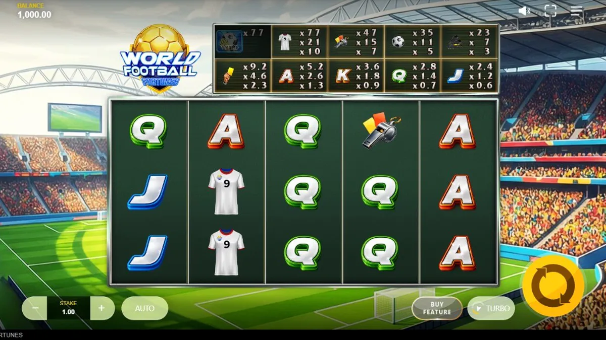World Football Fortunes slot gameplay sa isang stadium background