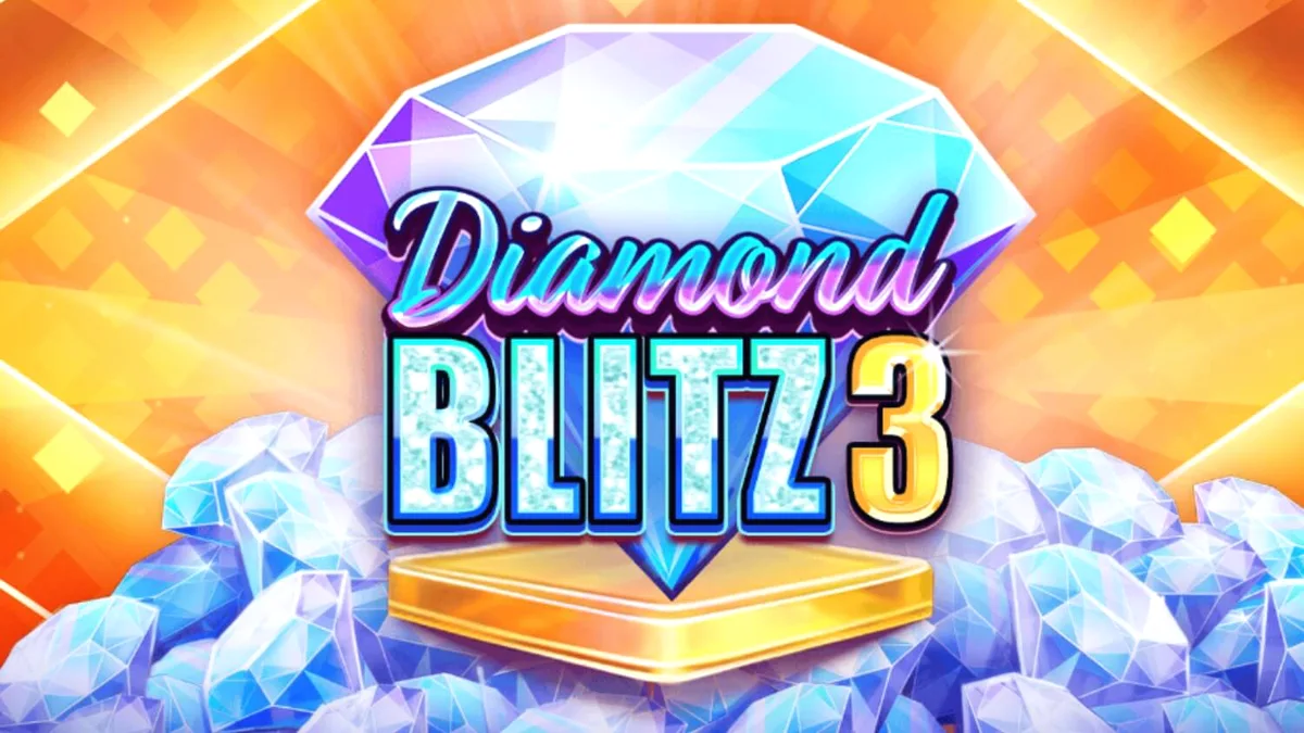 Ang Diamond Blitz 3 slot na may makintab na mga simbolo ng brilyante at klasikong prutas sa isang gintong background.